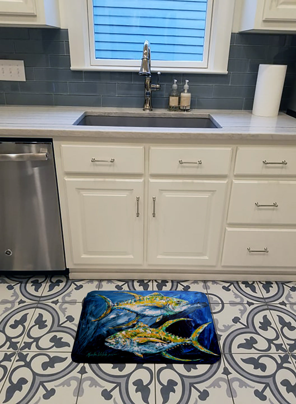 Fish - Tuna Tuna Blue Memory Foam Kitchen Mat Machine Washable Anti-Fatigue Cushion Comfort Bath or Kitchen Rug
