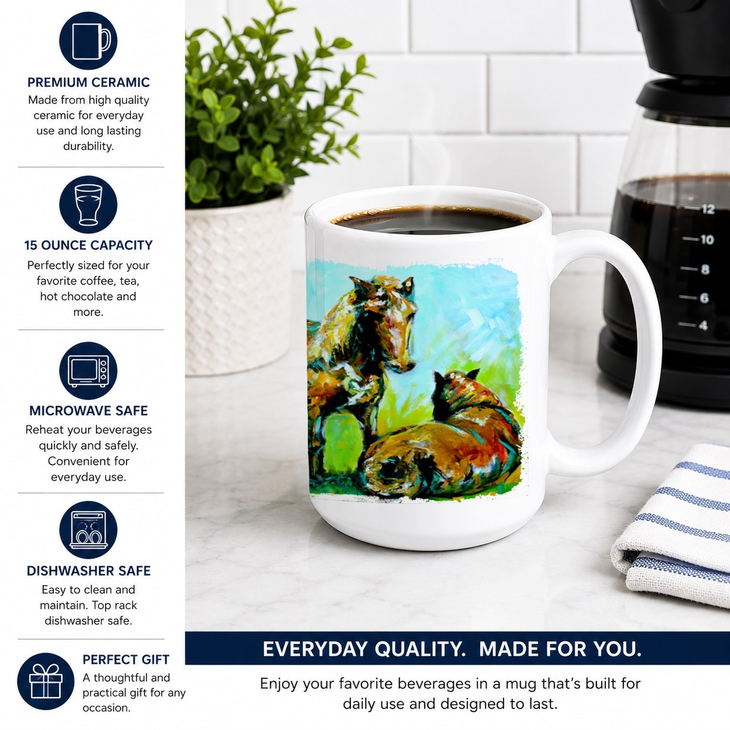 Horse Grazin Ceramic Coffee Mug 15 oz Decorative Large C Handle Mug Cup for Tea, Cocoa Hot Chocolate