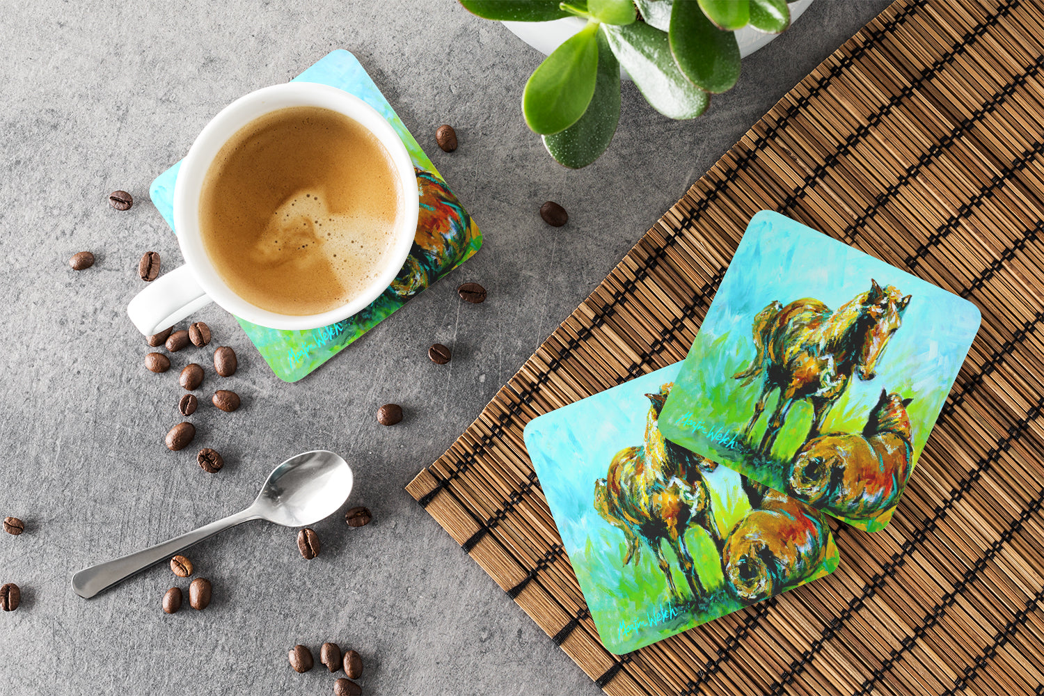 Horse Grazin Foam Coasters Set of 4 Cup Coasters for Indoor Outdoor, Tabletop Protection, Anti Slip, Mouse pad Material