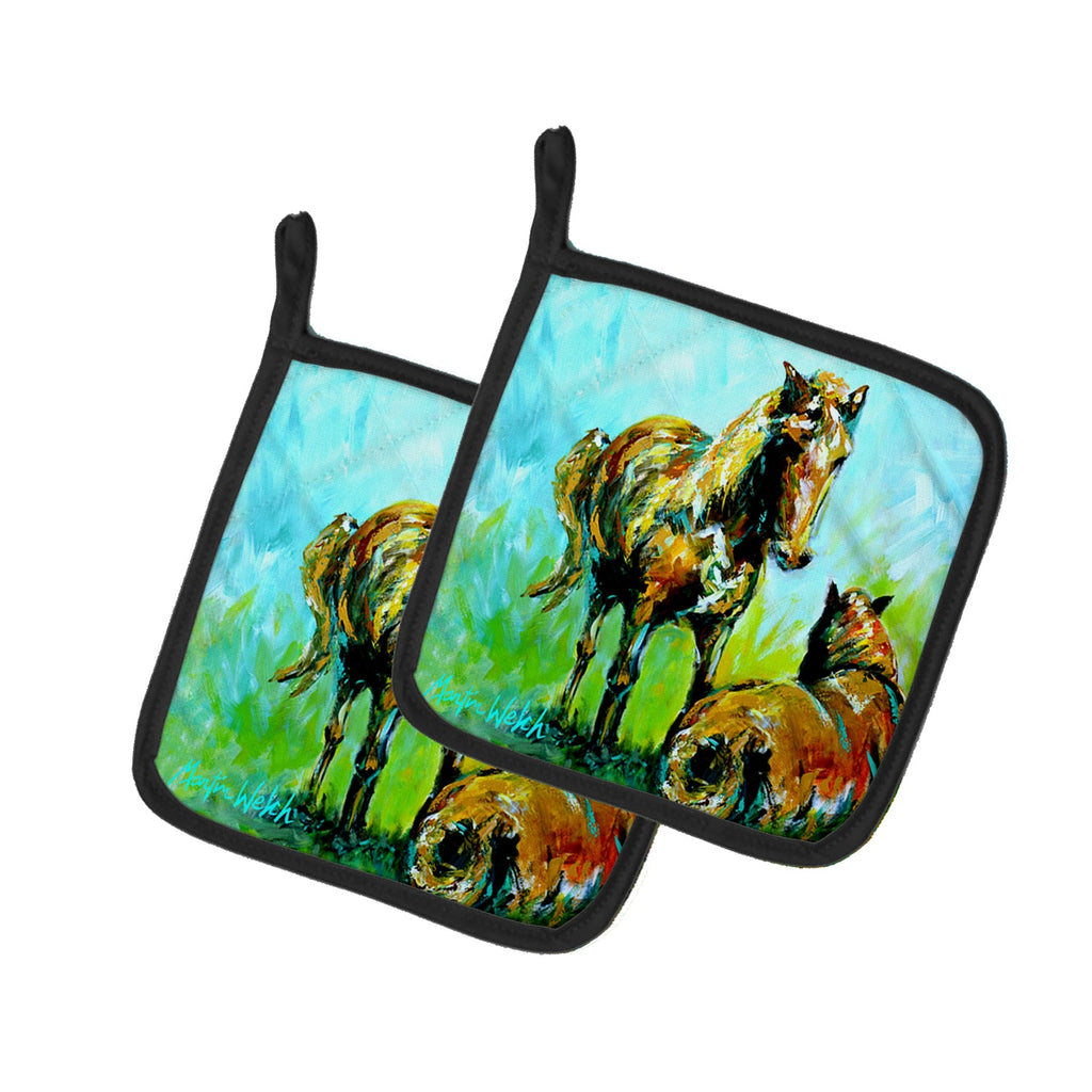 Horse Grazin Pot Holder Set of 2 Heat Resistant Quilted Hot Pads 7.5 x 7.5 Inch, Insulated Kitchen Trivets for Cooking & Baking