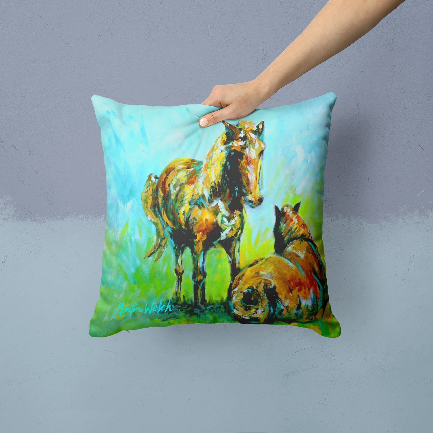 Horse Grazin Decorative Throw Pillow 14x14 Indoor Outdoor Accent Cushion, Fabric Cover with Insert for Sofa, Bed, Porch & Living Room