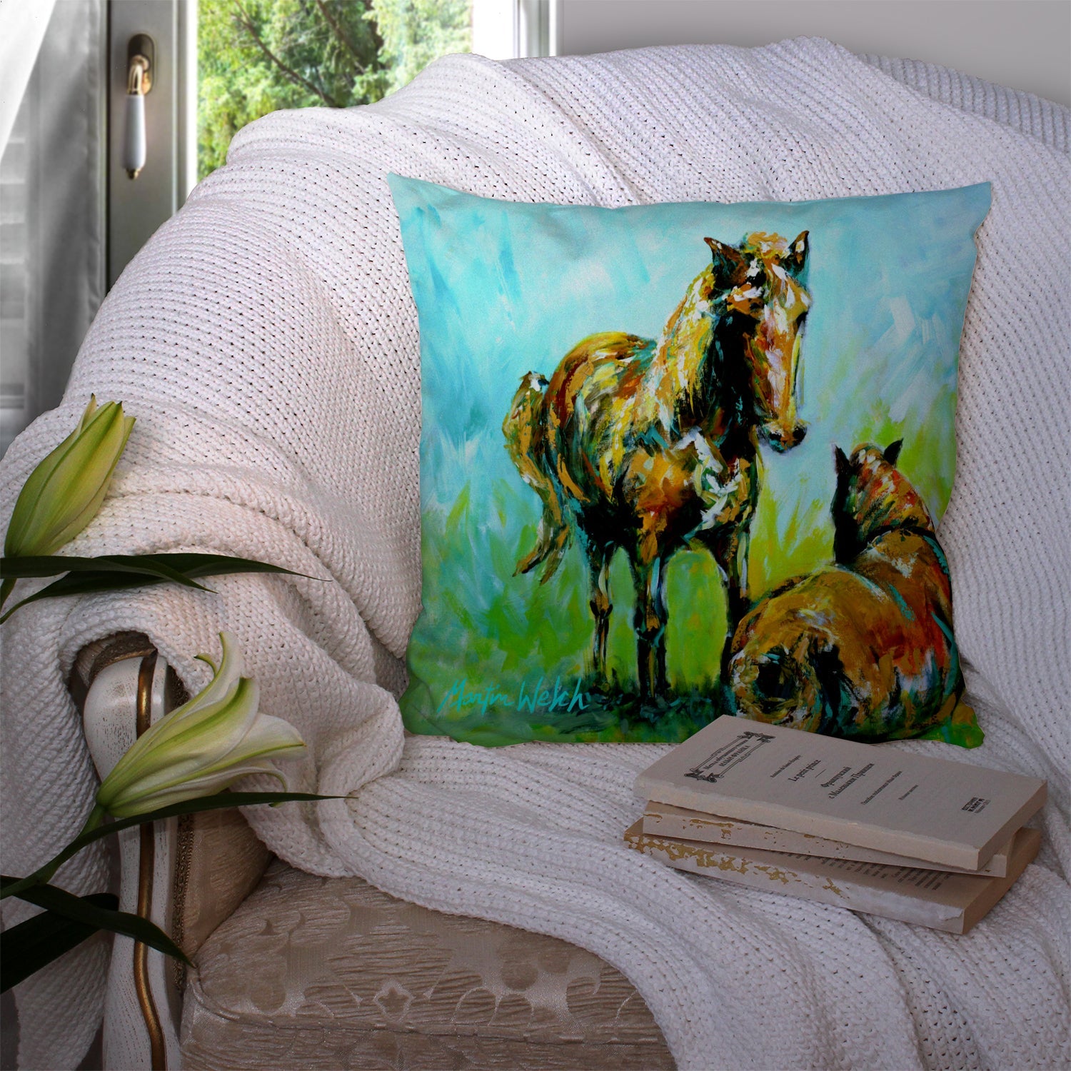 Horse Grazin Decorative Throw Pillow 14x14 Indoor Outdoor Accent Cushion, Fabric Cover with Insert for Sofa, Bed, Porch & Living Room
