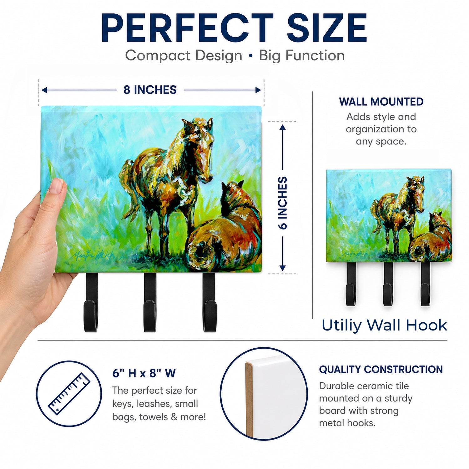 Horse Grazin Leash or Key Holder Wall Hooks, Coat Rack Wall Mount, for Hanging Keys, Towels, Aprons, Leashes