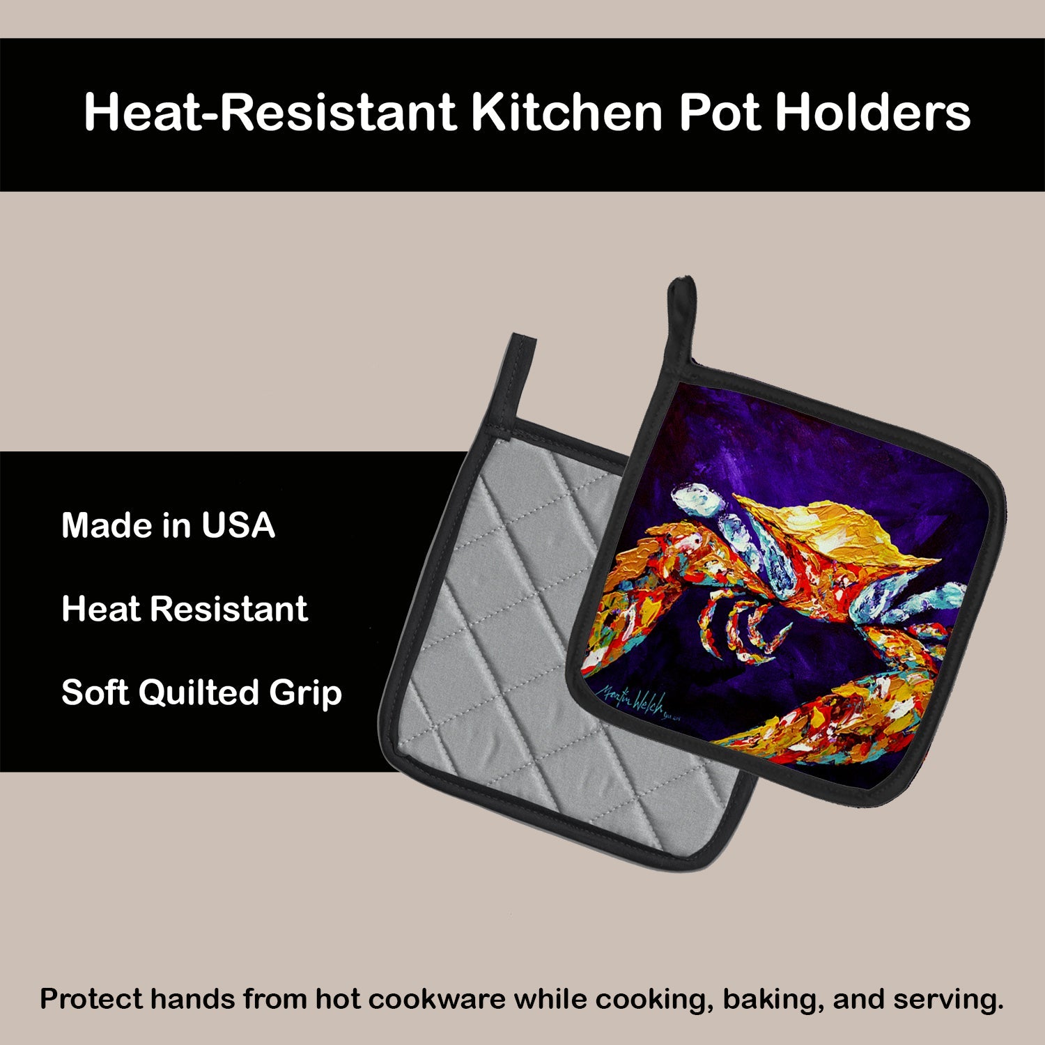 Crab The Right Stuff  Pot Holder Set of 2 Heat Resistant Quilted Hot Pads 7.5 x 7.5 Inch, Insulated Kitchen Trivets for Cooking & Baking