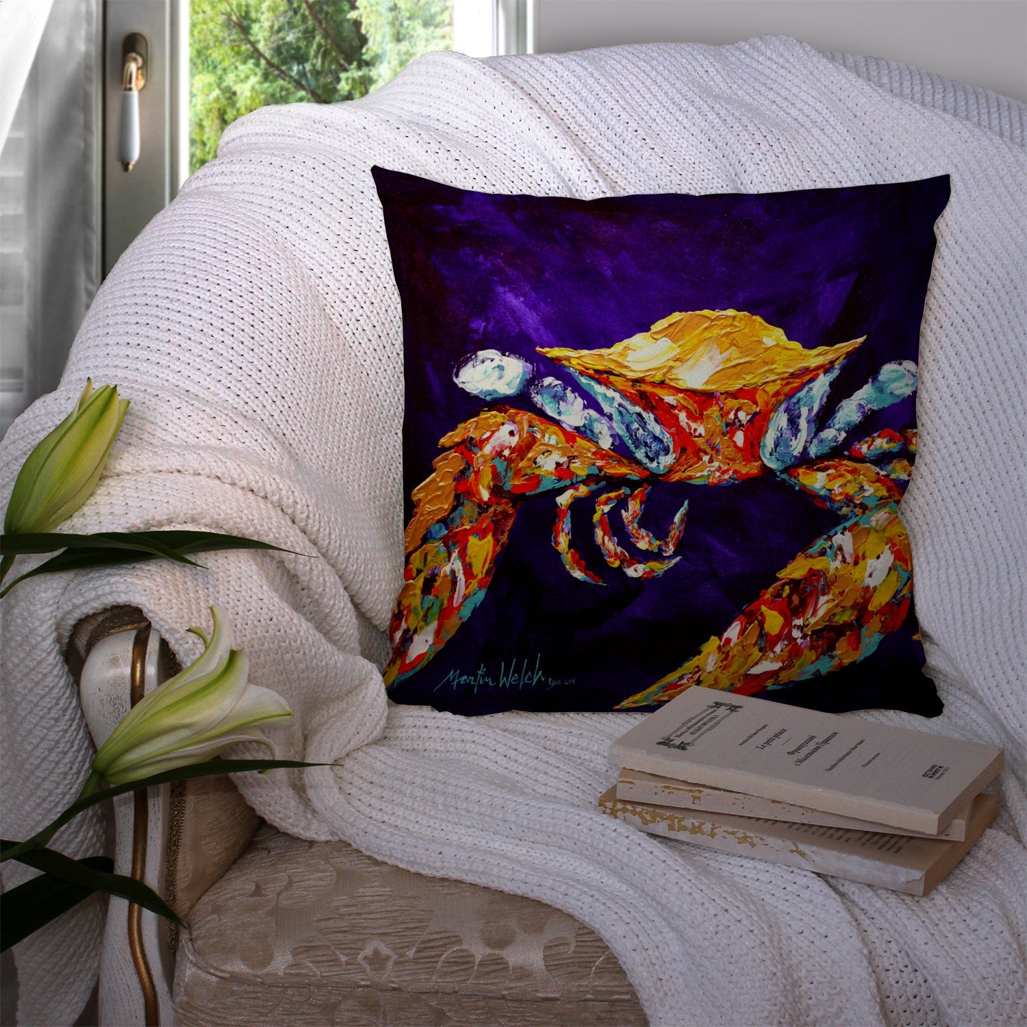 Crab The Right Stuff  Decorative Throw Pillow 14x14 Indoor Outdoor Accent Cushion, Fabric Cover with Insert for Sofa, Bed, Porch & Living Room
