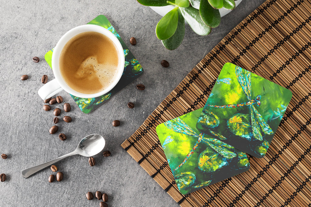 Insect - Dragonfly Summer Flies Foam Coasters Set of 4 Cup Coasters for Indoor Outdoor, Tabletop Protection, Anti Slip, Mouse pad Material