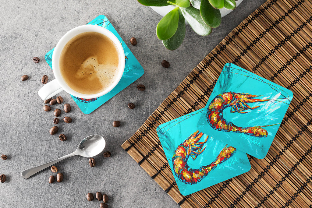 Shrimp Teal Splish Splash Foam Coasters Set of 4 Cup Coasters for Indoor Outdoor, Tabletop Protection, Anti Slip, Mouse pad Material