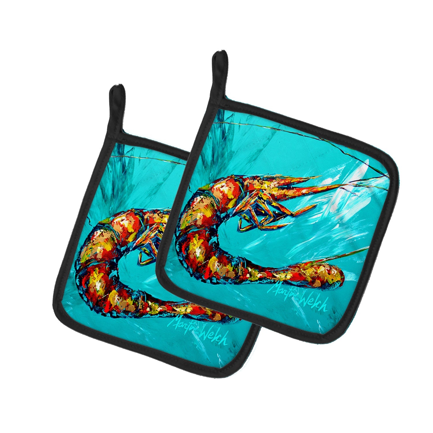 Shrimp Teal Splish Splash Pot Holder Set of 2 Heat Resistant Quilted Hot Pads 7.5 x 7.5 Inch, Insulated Kitchen Trivets for Cooking & Baking