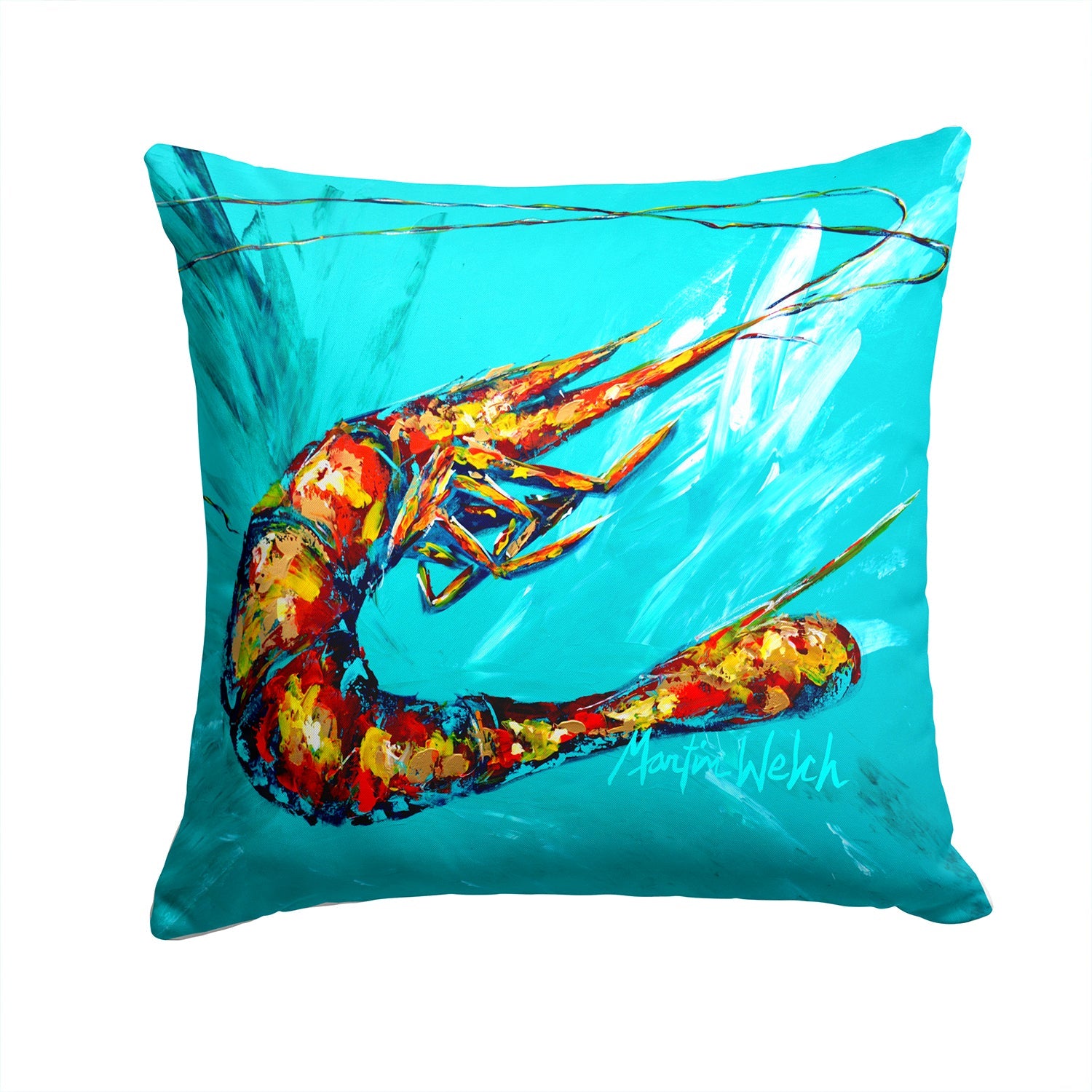 Shrimp Teal Splish Splash Decorative Throw Pillow 14x14 Indoor Outdoor Accent Cushion, Fabric Cover with Insert for Sofa, Bed, Porch & Living Room