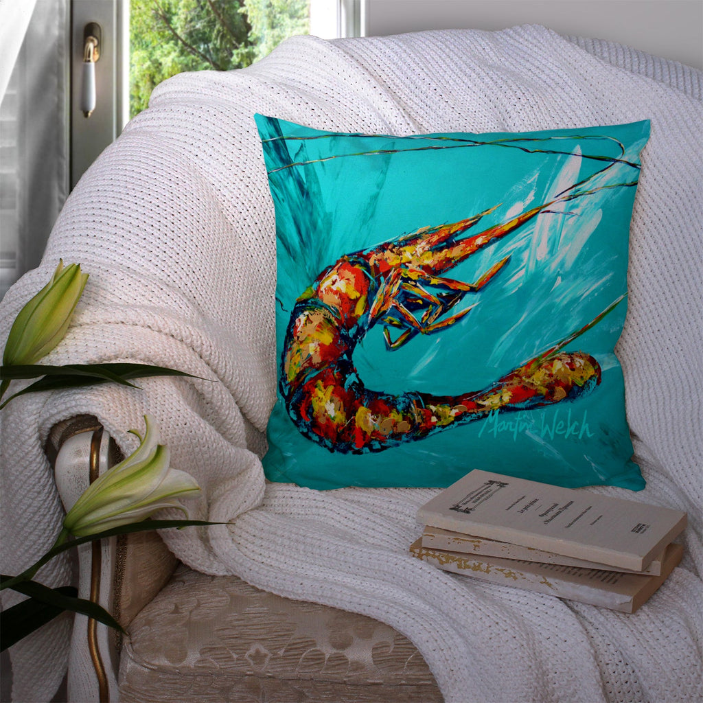 Shrimp Teal Splish Splash Decorative Throw Pillow 14x14 Indoor Outdoor Accent Cushion, Fabric Cover with Insert for Sofa, Bed, Porch & Living Room