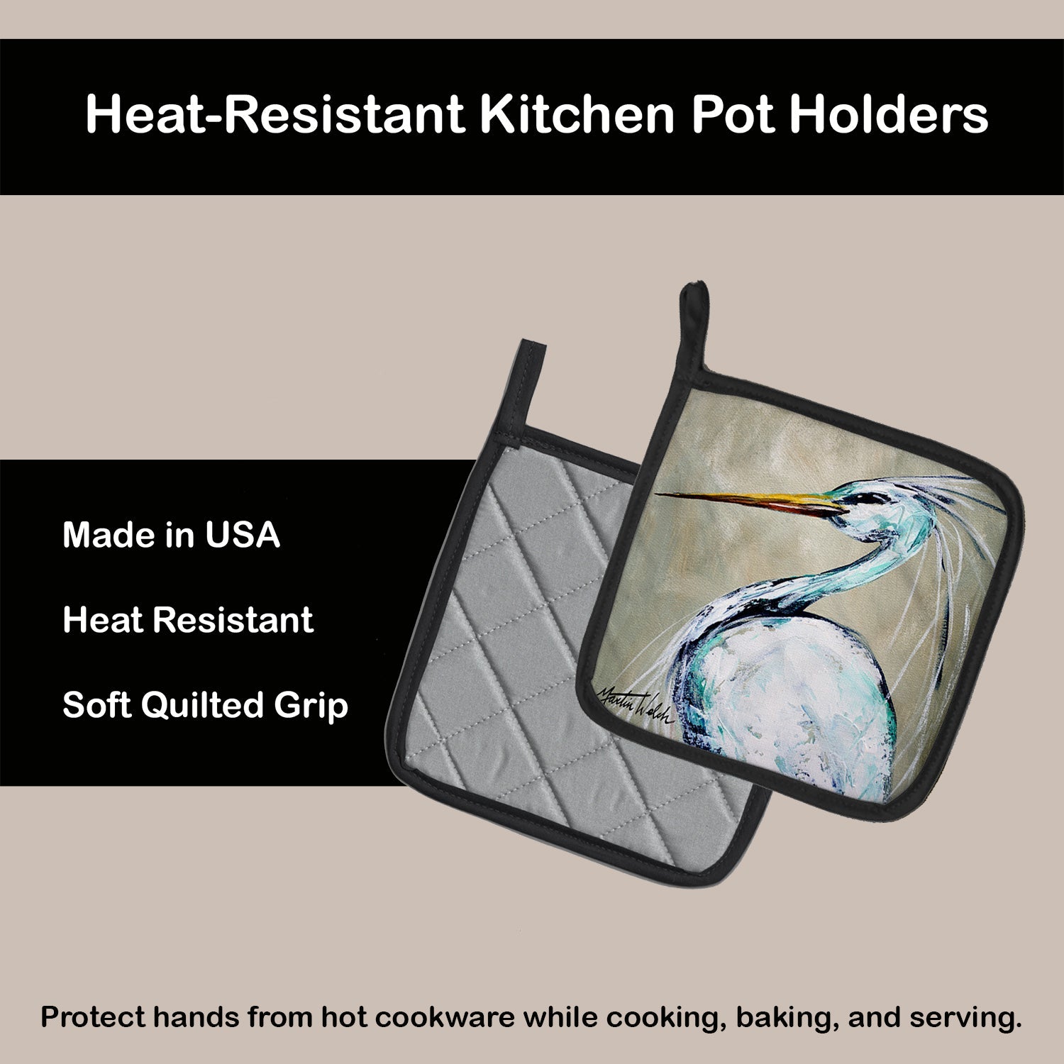 Blue Heron Smitty's Brother Pot Holder Set of 2 Heat Resistant Quilted Hot Pads 7.5 x 7.5 Inch, Insulated Kitchen Trivets for Cooking & Baking