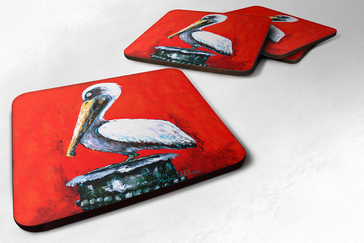 Bird - Pelican Red Dawn Foam Coasters Set of 4 Cup Coasters for Indoor Outdoor, Tabletop Protection, Anti Slip, Mouse pad Material