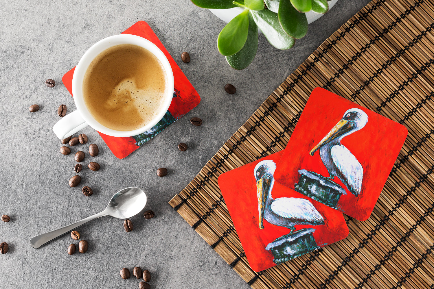 Bird - Pelican Red Dawn Foam Coasters Set of 4 Cup Coasters for Indoor Outdoor, Tabletop Protection, Anti Slip, Mouse pad Material