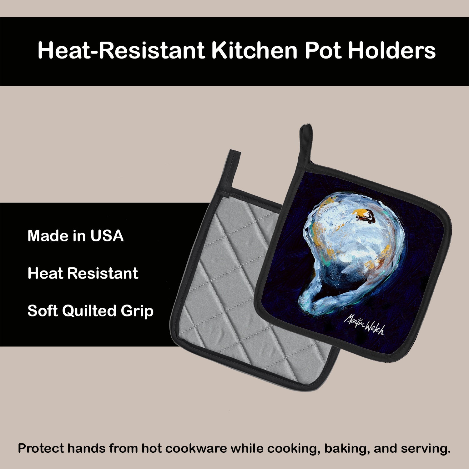 Oyster Give me one Pot Holder Set of 2 Heat Resistant Quilted Hot Pads 7.5 x 7.5 Inch, Insulated Kitchen Trivets for Cooking & Baking