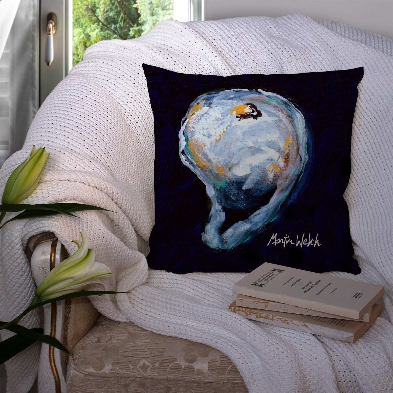 Oyster Give me one Decorative Throw Pillow 14x14 Indoor Outdoor Accent Cushion, Fabric Cover with Insert for Sofa, Bed, Porch & Living Room