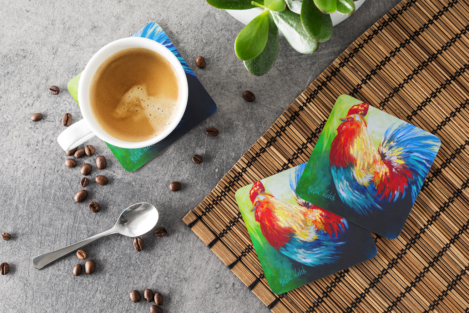 Rooster Chief Big Feathers Foam Coasters Set of 4 Cup Coasters for Indoor Outdoor, Tabletop Protection, Anti Slip, Mouse pad Material