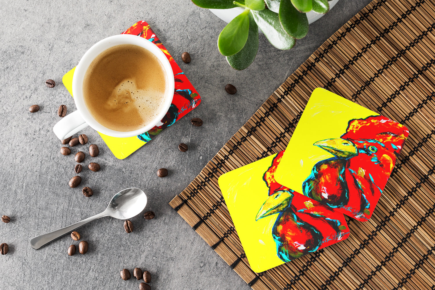 Rooster Big Head Foam Coasters Set of 4 Cup Coasters for Indoor Outdoor, Tabletop Protection, Anti Slip, Mouse pad Material