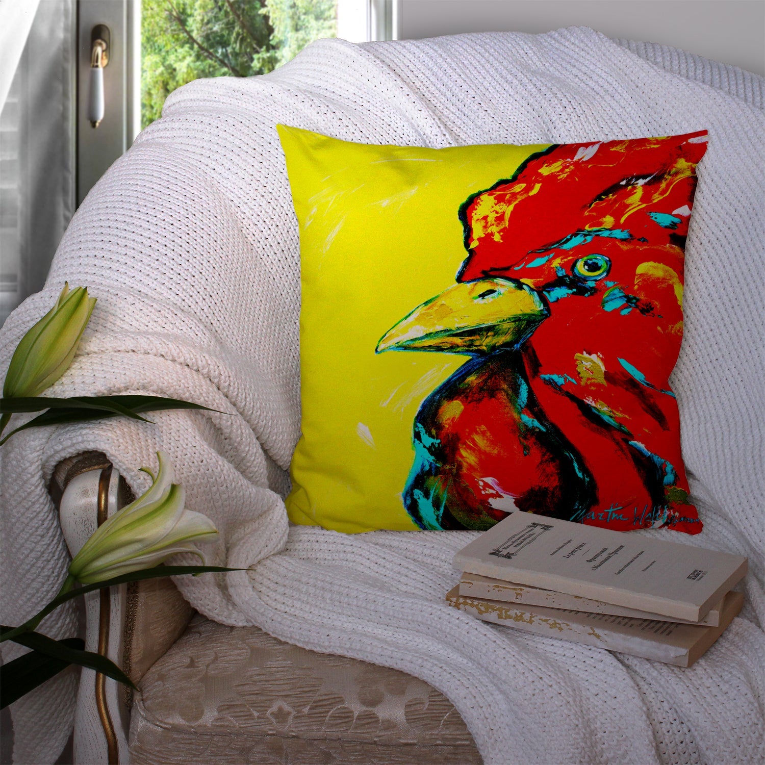 Rooster Big Head Decorative Throw Pillow 14x14 Indoor Outdoor Accent Cushion, Fabric Cover with Insert for Sofa, Bed, Porch & Living Room