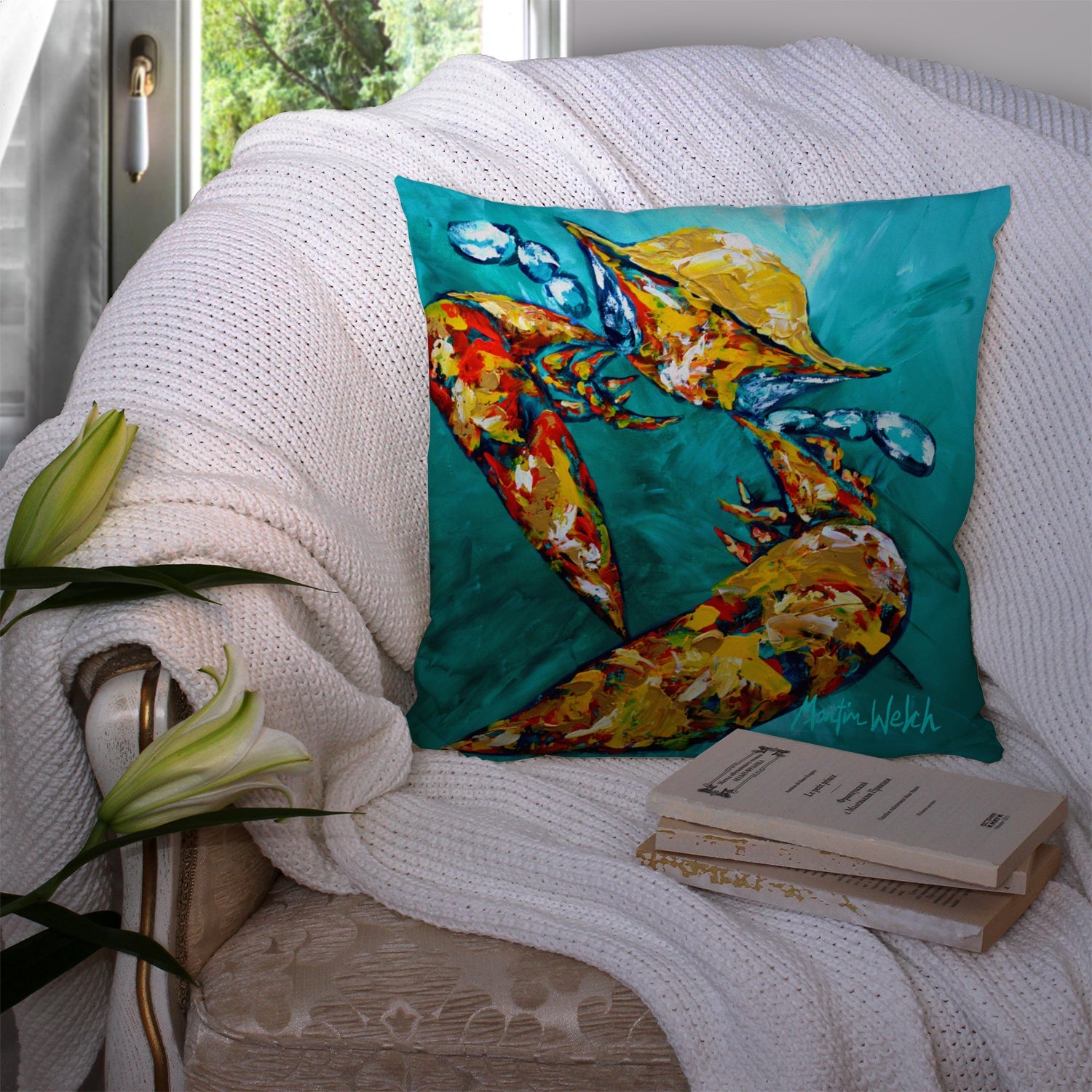 Crab Beam of Light Decorative Throw Pillow 14x14 Indoor Outdoor Accent Cushion, Fabric Cover with Insert for Sofa, Bed, Porch & Living Room