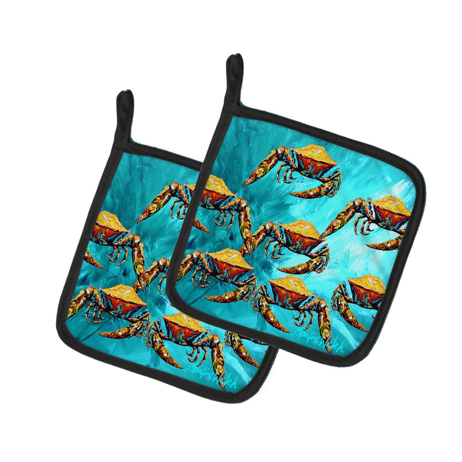 Crab Lotta Crabs Pot Holder Set of 2 Heat Resistant Quilted Hot Pads 7.5 x 7.5 Inch, Insulated Kitchen Trivets for Cooking & Baking