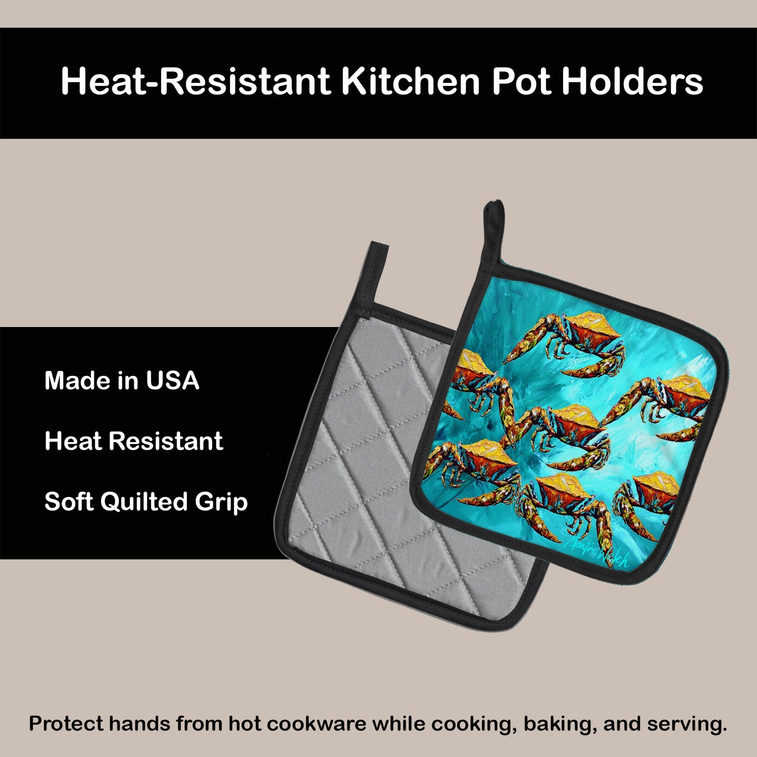 Crab Lotta Crabs Pot Holder Set of 2 Heat Resistant Quilted Hot Pads 7.5 x 7.5 Inch, Insulated Kitchen Trivets for Cooking & Baking
