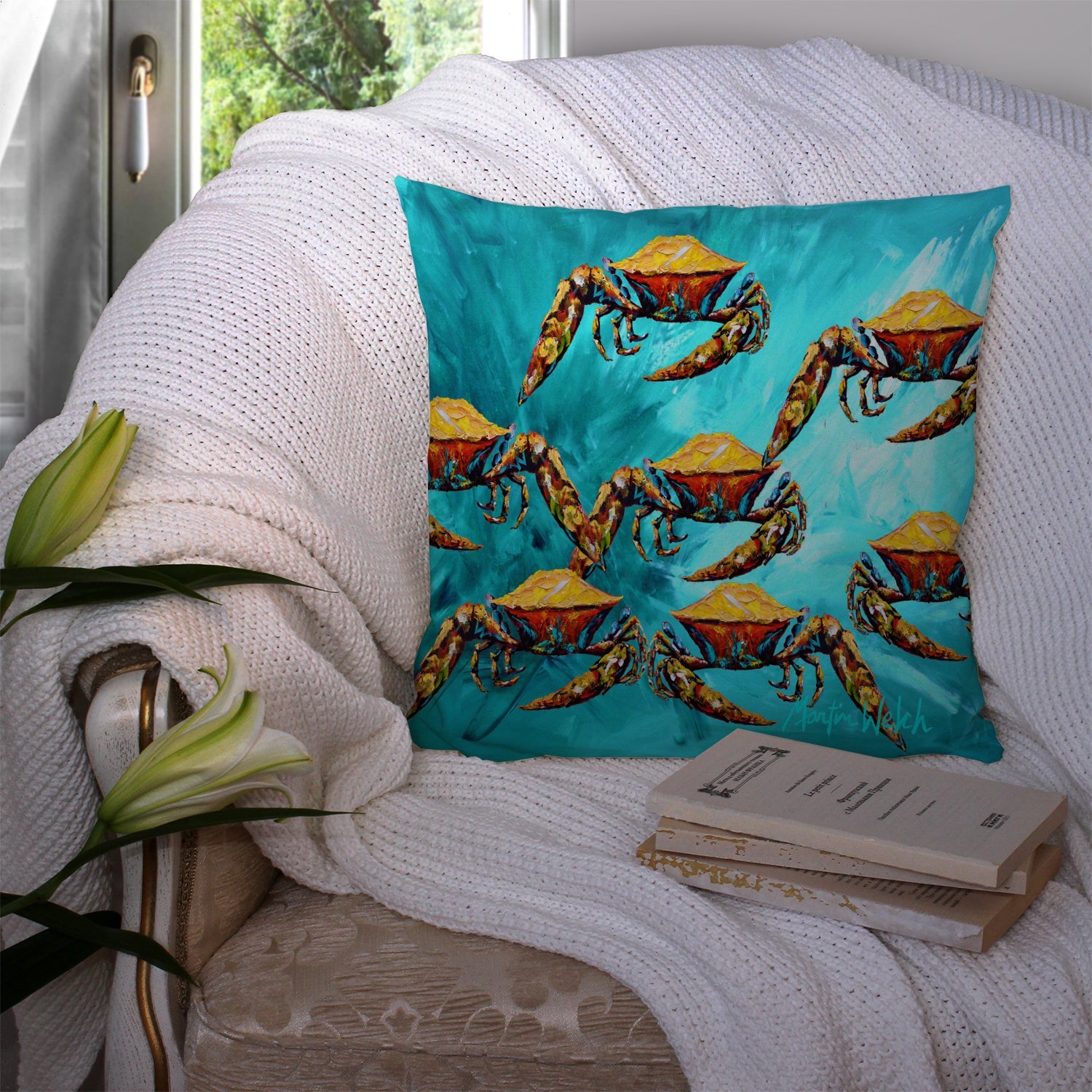 Crab Lotta Crabs Decorative Throw Pillow 14x14 Indoor Outdoor Accent Cushion, Fabric Cover with Insert for Sofa, Bed, Porch & Living Room