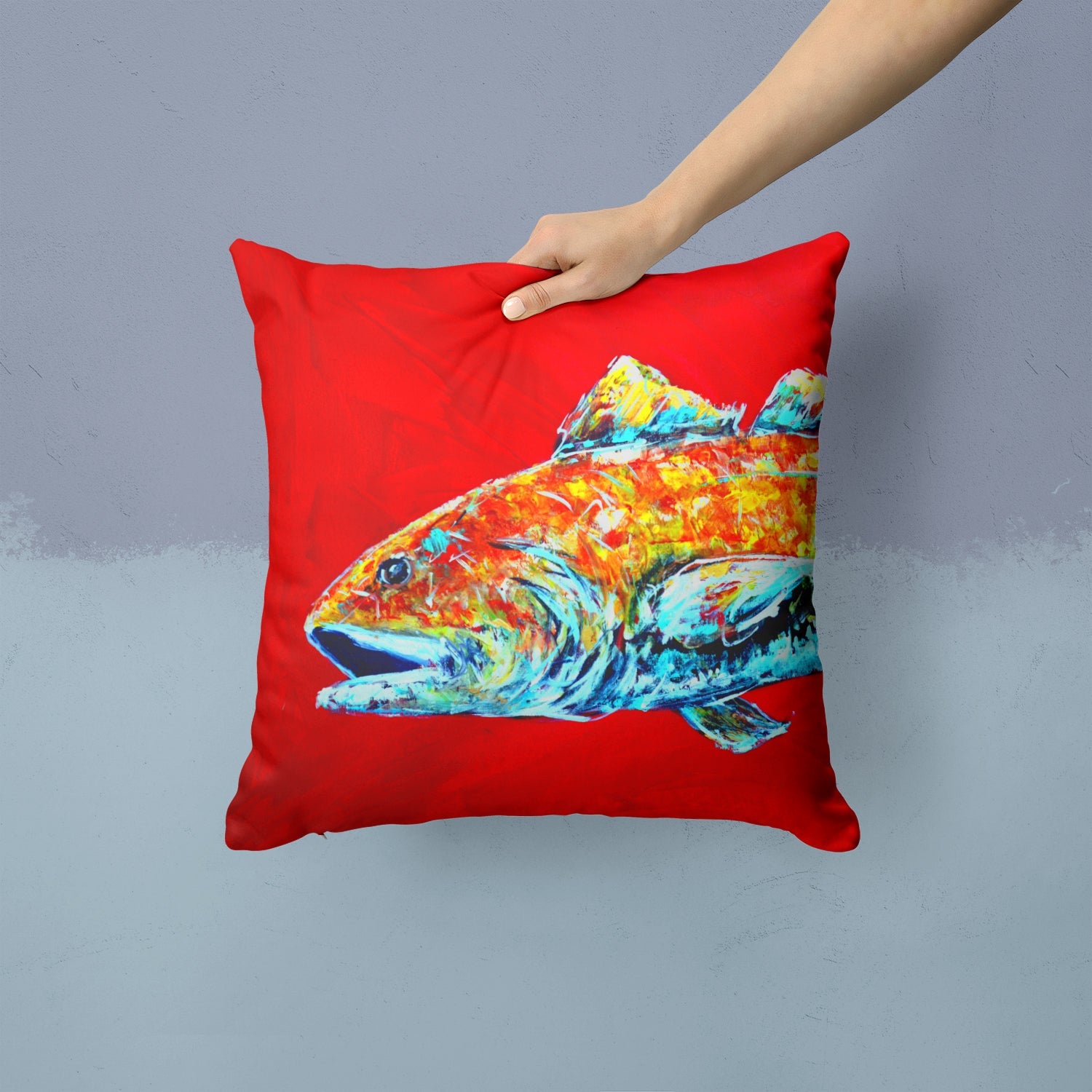 Red Fish Alphonzo Head Decorative Throw Pillow 14x14 Indoor Outdoor Accent Cushion, Fabric Cover with Insert for Sofa, Bed, Porch & Living Room