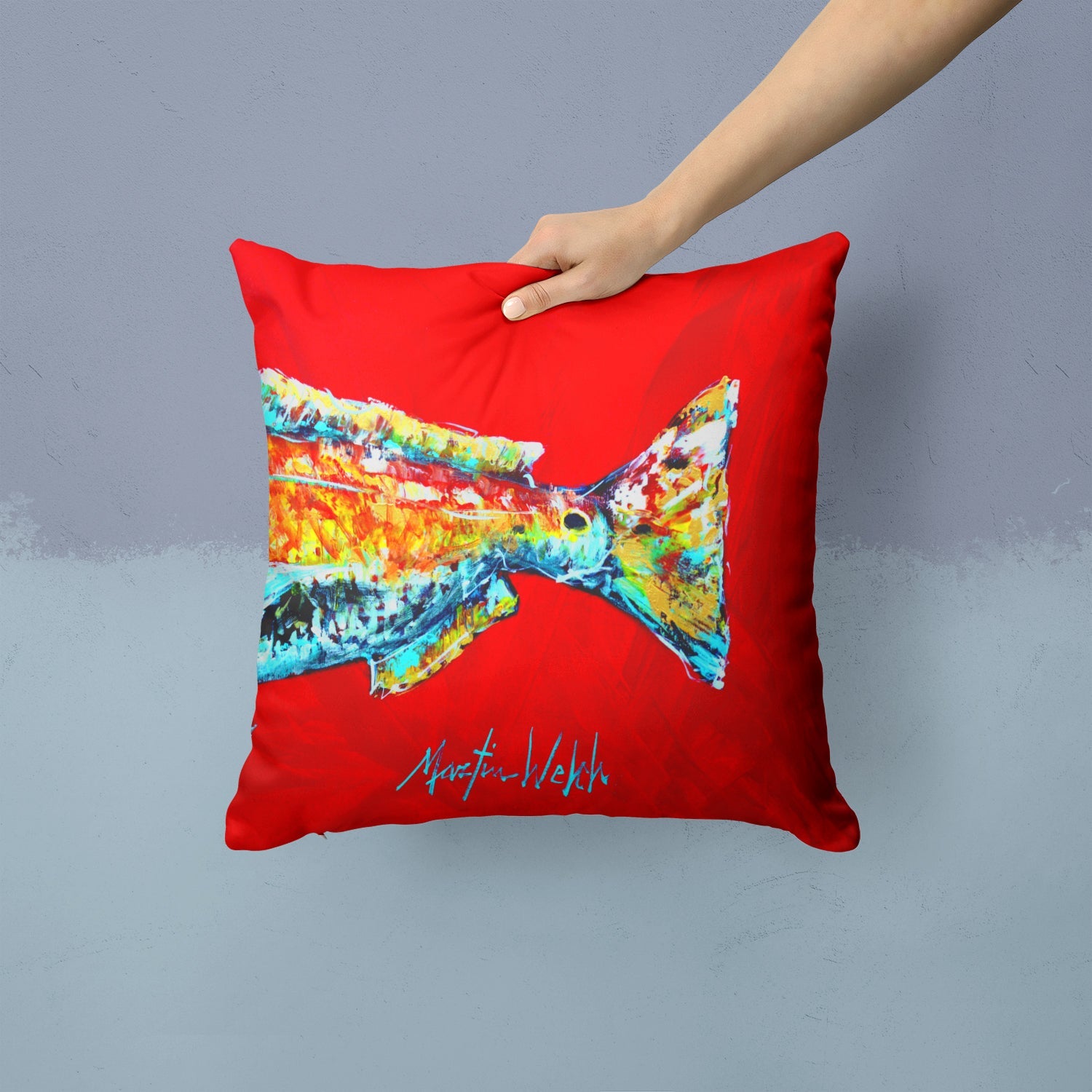Red Fish Alphonzo Tail Decorative Throw Pillow 14x14 Indoor Outdoor Accent Cushion, Fabric Cover with Insert for Sofa, Bed, Porch & Living Room