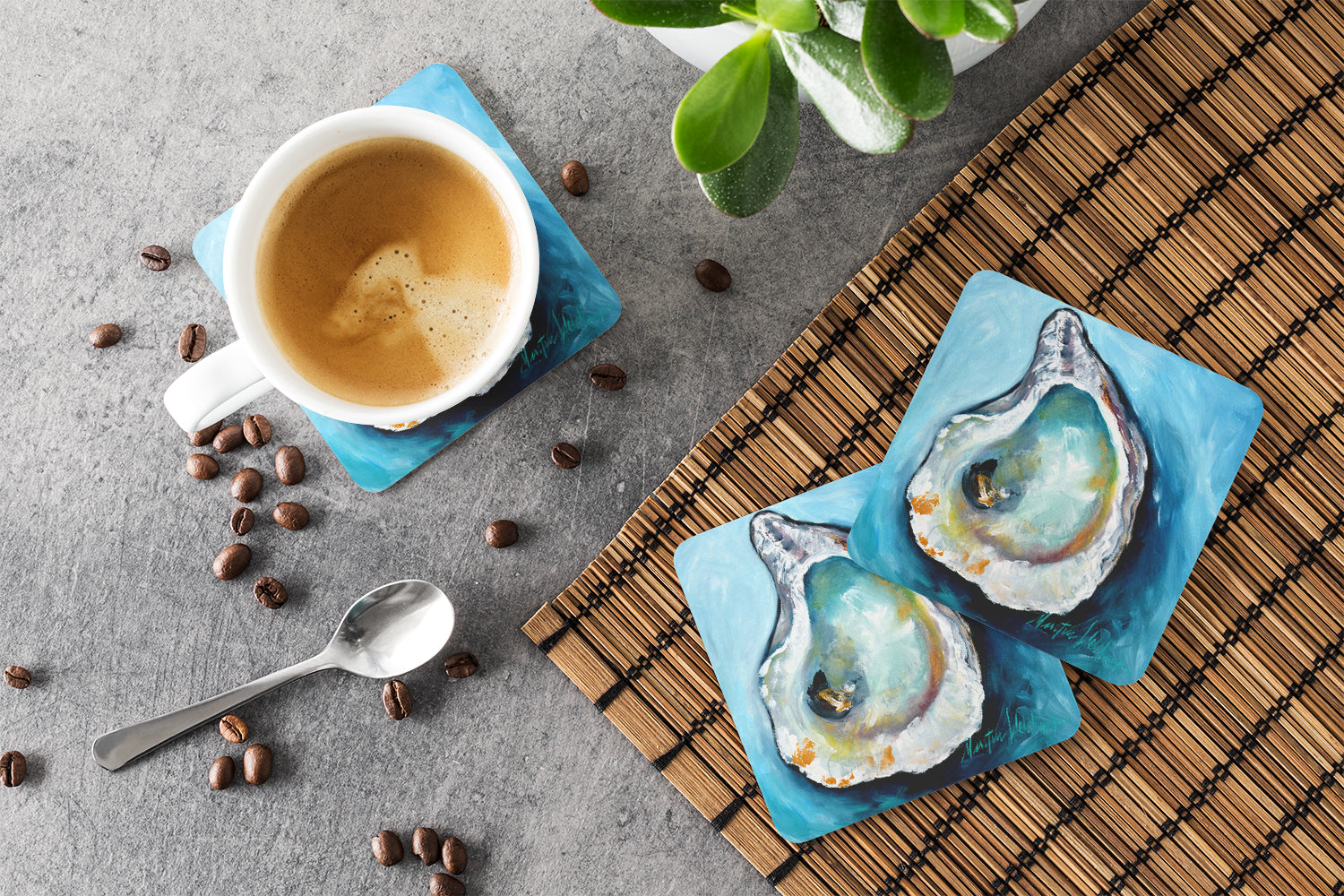Oyster Foam Coasters Set of 4 Cup Coasters for Indoor Outdoor, Tabletop Protection, Anti Slip, Mouse pad Material