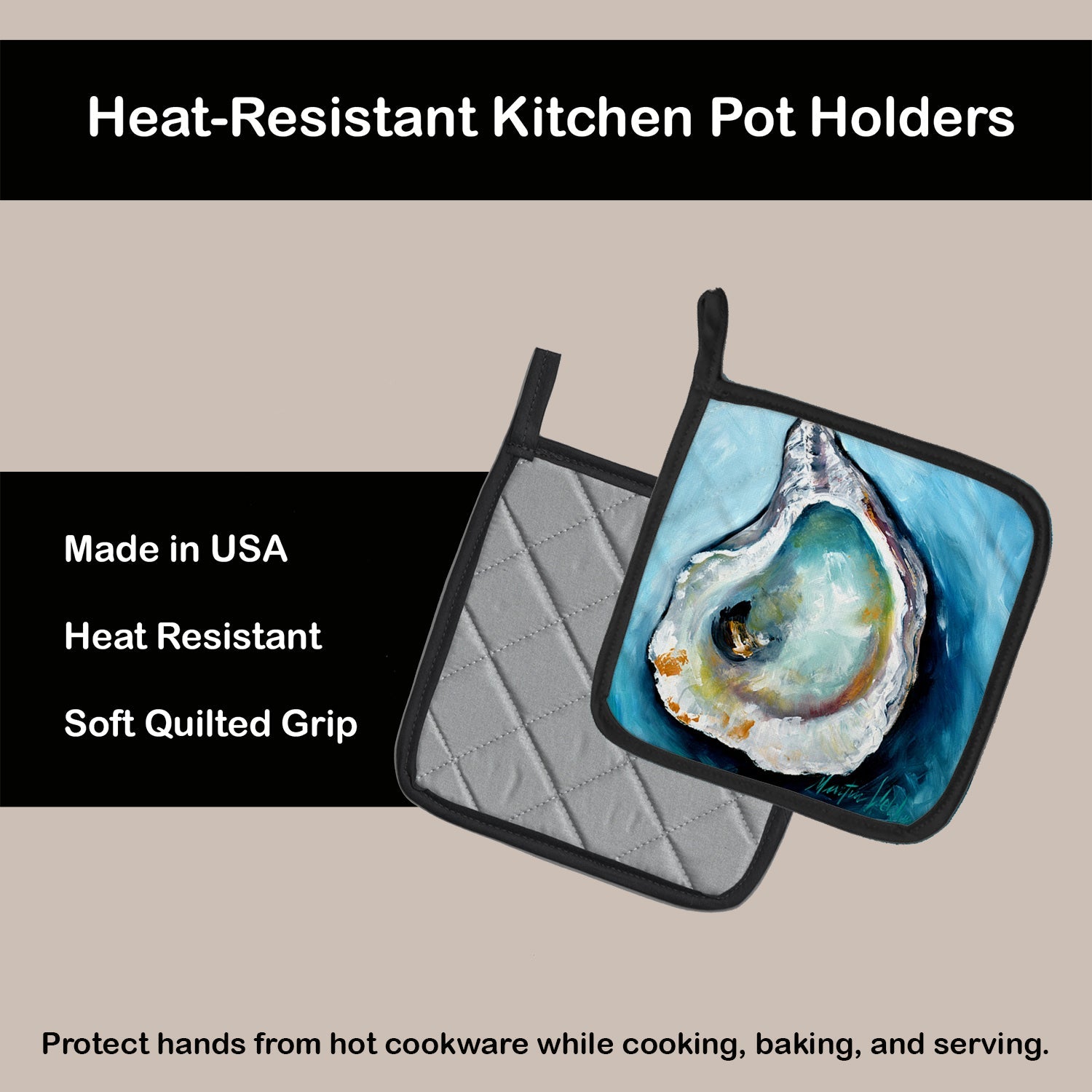 Oyster Pot Holder Set of 2 Heat Resistant Quilted Hot Pads 7.5 x 7.5 Inch, Insulated Kitchen Trivets for Cooking & Baking