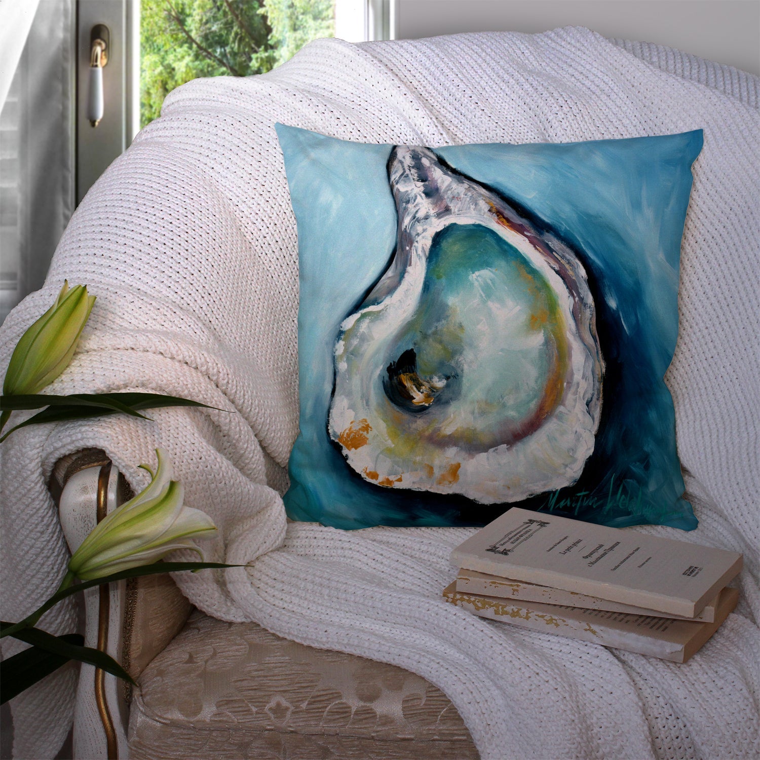 Oyster Decorative Throw Pillow 14x14 Indoor Outdoor Accent Cushion, Fabric Cover with Insert for Sofa, Bed, Porch & Living Room