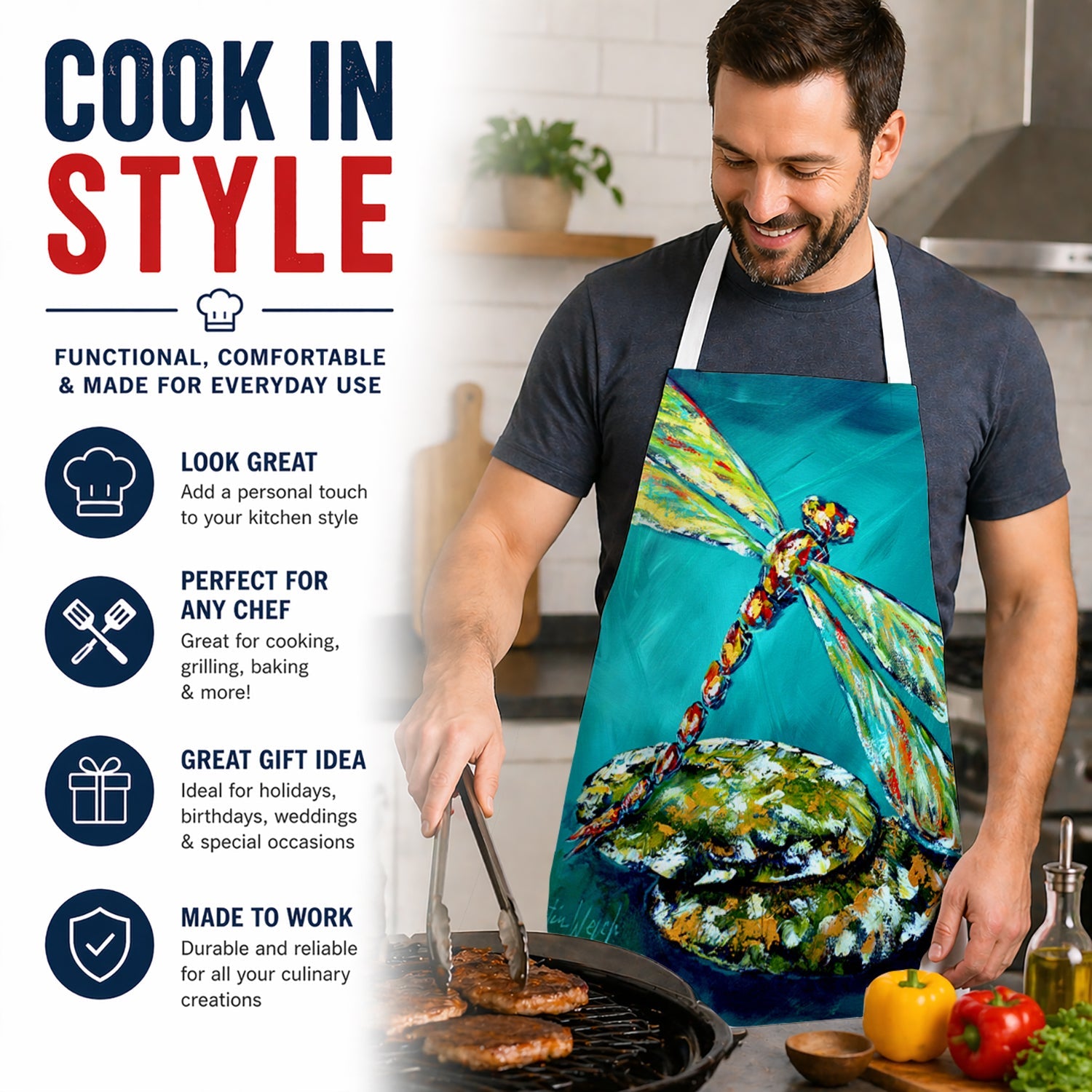Insect - Dragonfly Matin Apron Cooking Kitchen Server Baking Crafts Gardening for Adult Women Men, Unisex, Large, Multicolor