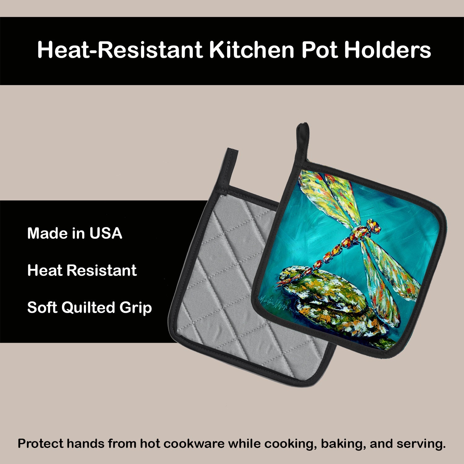 Insect - Dragonfly Matin Pot Holder Set of 2 Heat Resistant Quilted Hot Pads 7.5 x 7.5 Inch, Insulated Kitchen Trivets for Cooking & Baking