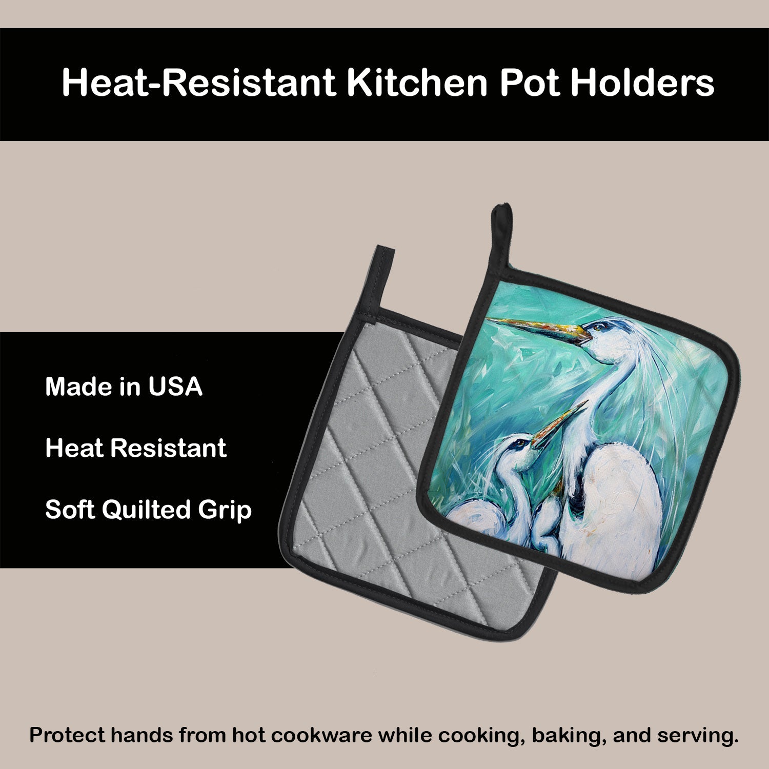 Mother's Love Egret Pot Holder Set of 2 Heat Resistant Quilted Hot Pads 7.5 x 7.5 Inch, Insulated Kitchen Trivets for Cooking & Baking