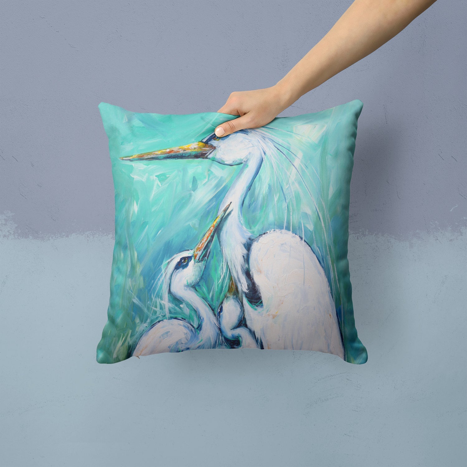 Mother's Love Egret Decorative Throw Pillow 14x14 Indoor Outdoor Accent Cushion, Fabric Cover with Insert for Sofa, Bed, Porch & Living Room