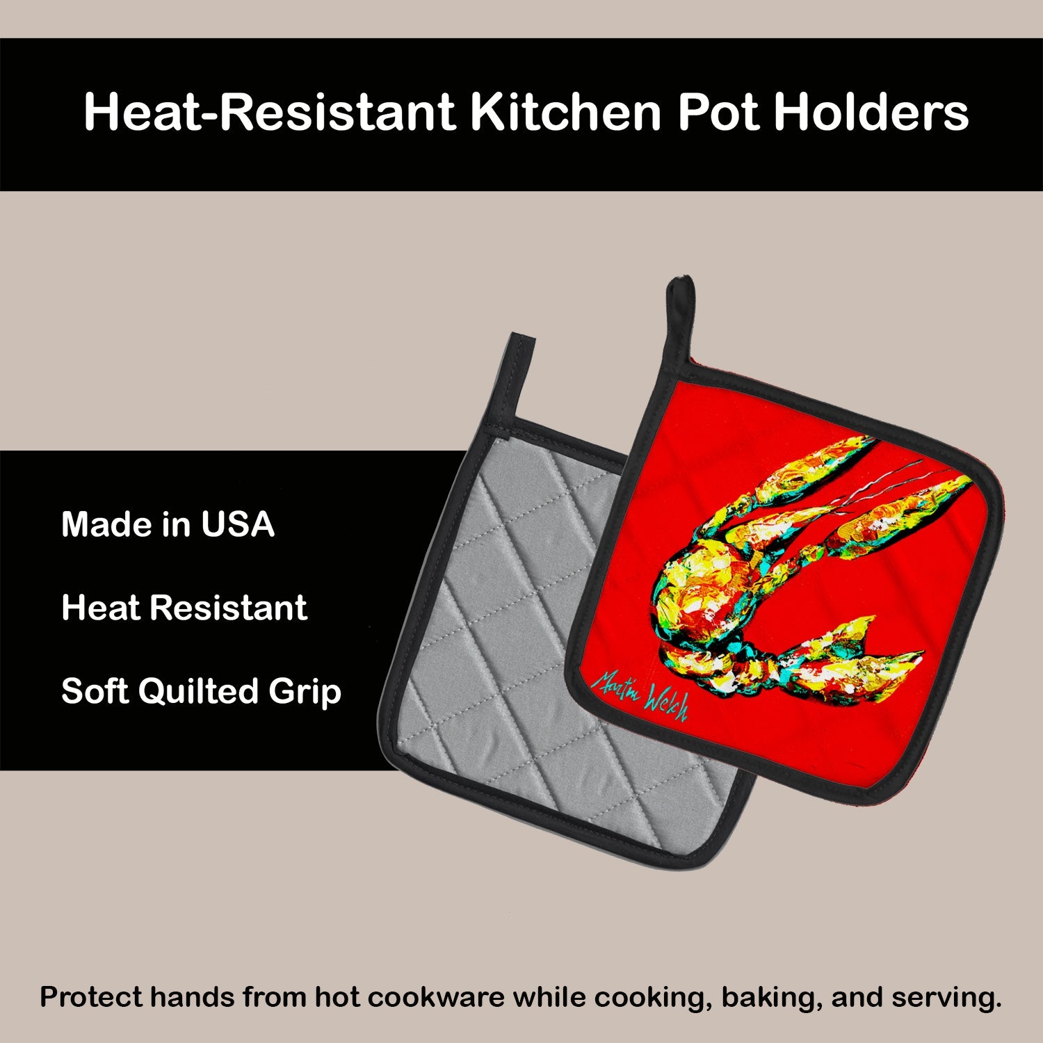 Crawfish Move Over Pot Holder Set of 2 Heat Resistant Quilted Hot Pads 7.5 x 7.5 Inch, Insulated Kitchen Trivets for Cooking & Baking