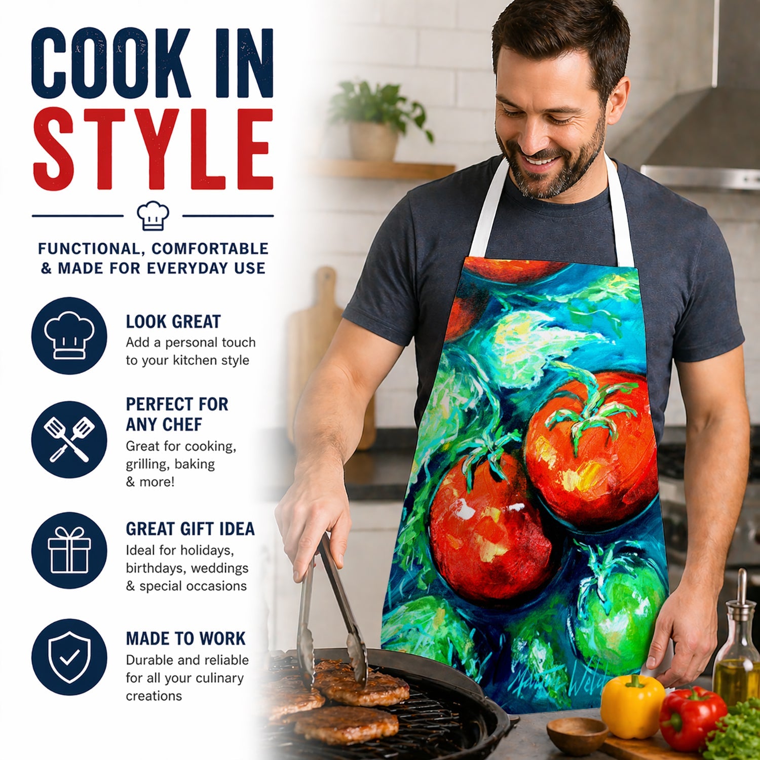 Vegetables - Tomatoes on the vine Apron Cooking Kitchen Server Baking Crafts Gardening for Adult Women Men, Unisex, Large, Multicolor