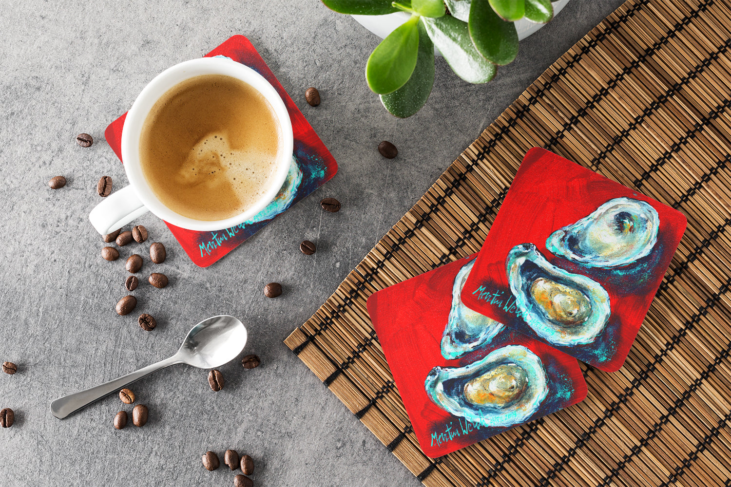 Open up Oyster Foam Coasters Set of 4 Cup Coasters for Indoor Outdoor, Tabletop Protection, Anti Slip, Mouse pad Material