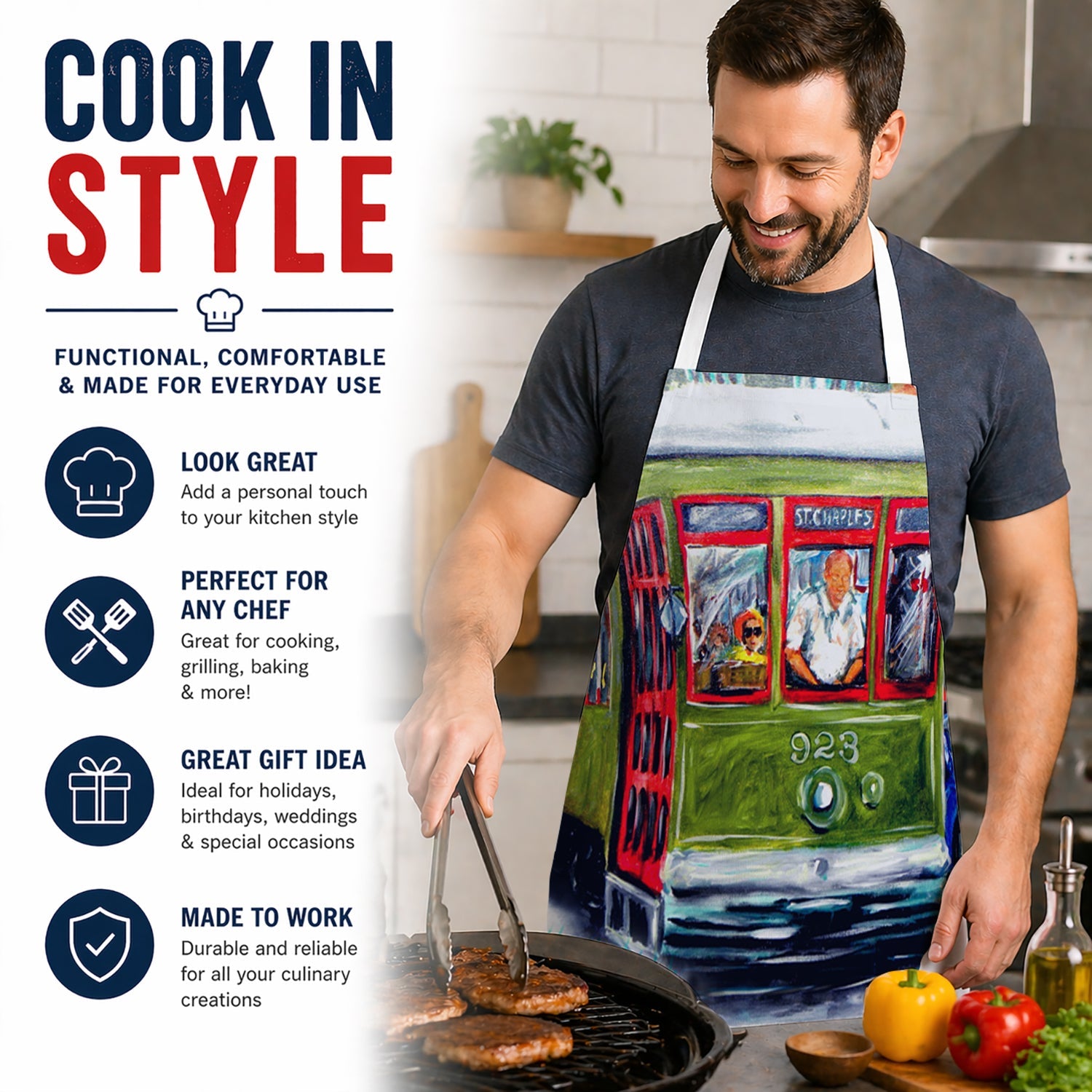 Street Car Apron Cooking Kitchen Server Baking Crafts Gardening for Adult Women Men, Unisex, Large, Multicolor