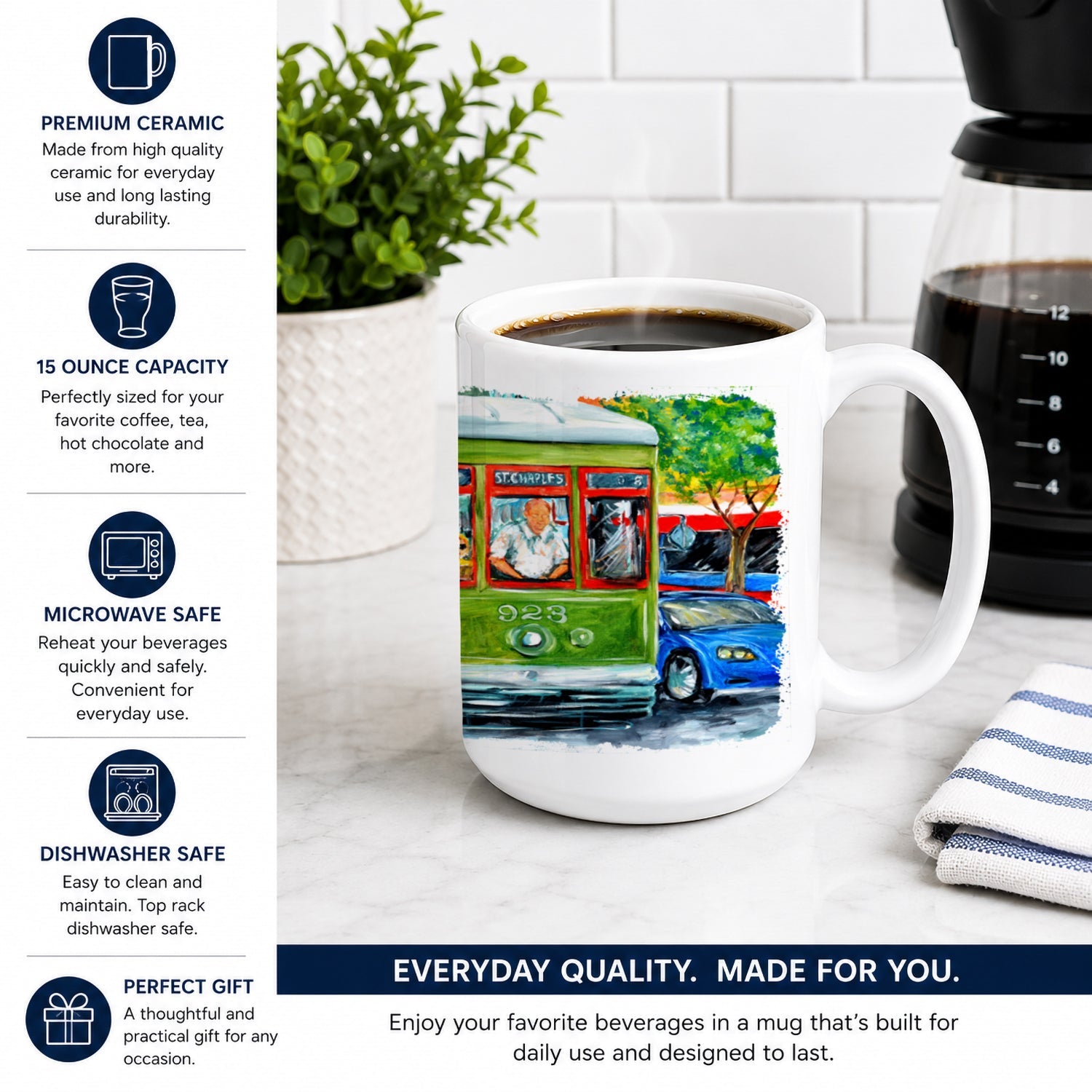 Street Car Ceramic Coffee Mug 15 oz Decorative Large C Handle Mug Cup for Tea, Cocoa Hot Chocolate
