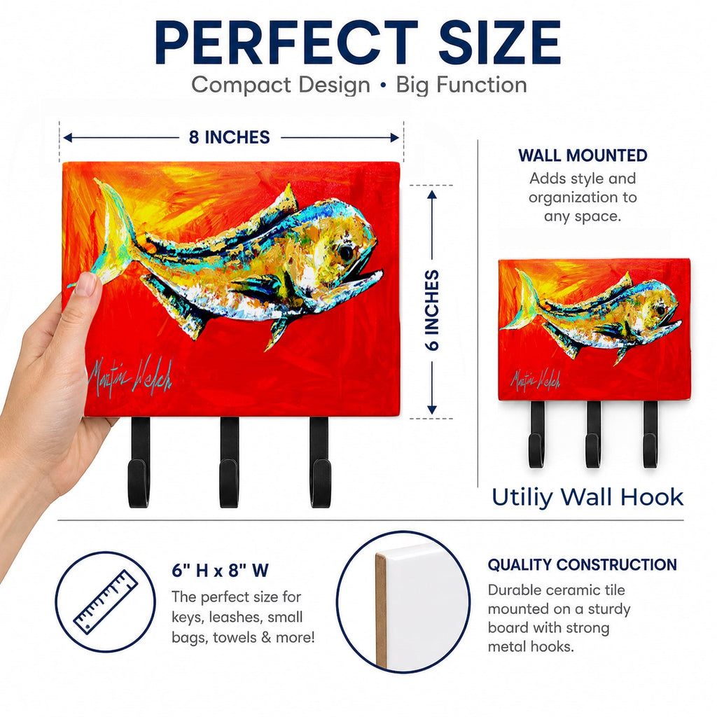 Danny Dolphin Fish Leash or Key Holder Wall Hooks, Coat Rack Wall Mount, for Hanging Keys, Towels, Aprons, Leashes