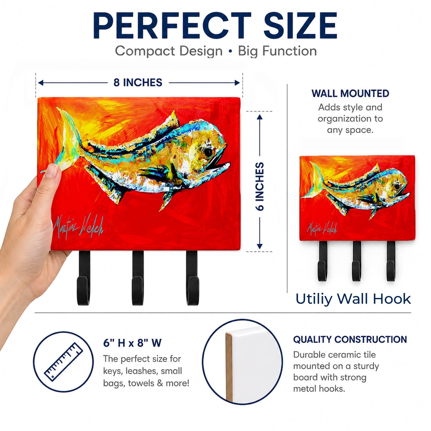 Danny Dolphin Fish Leash or Key Holder Wall Hooks, Coat Rack Wall Mount, for Hanging Keys, Towels, Aprons, Leashes