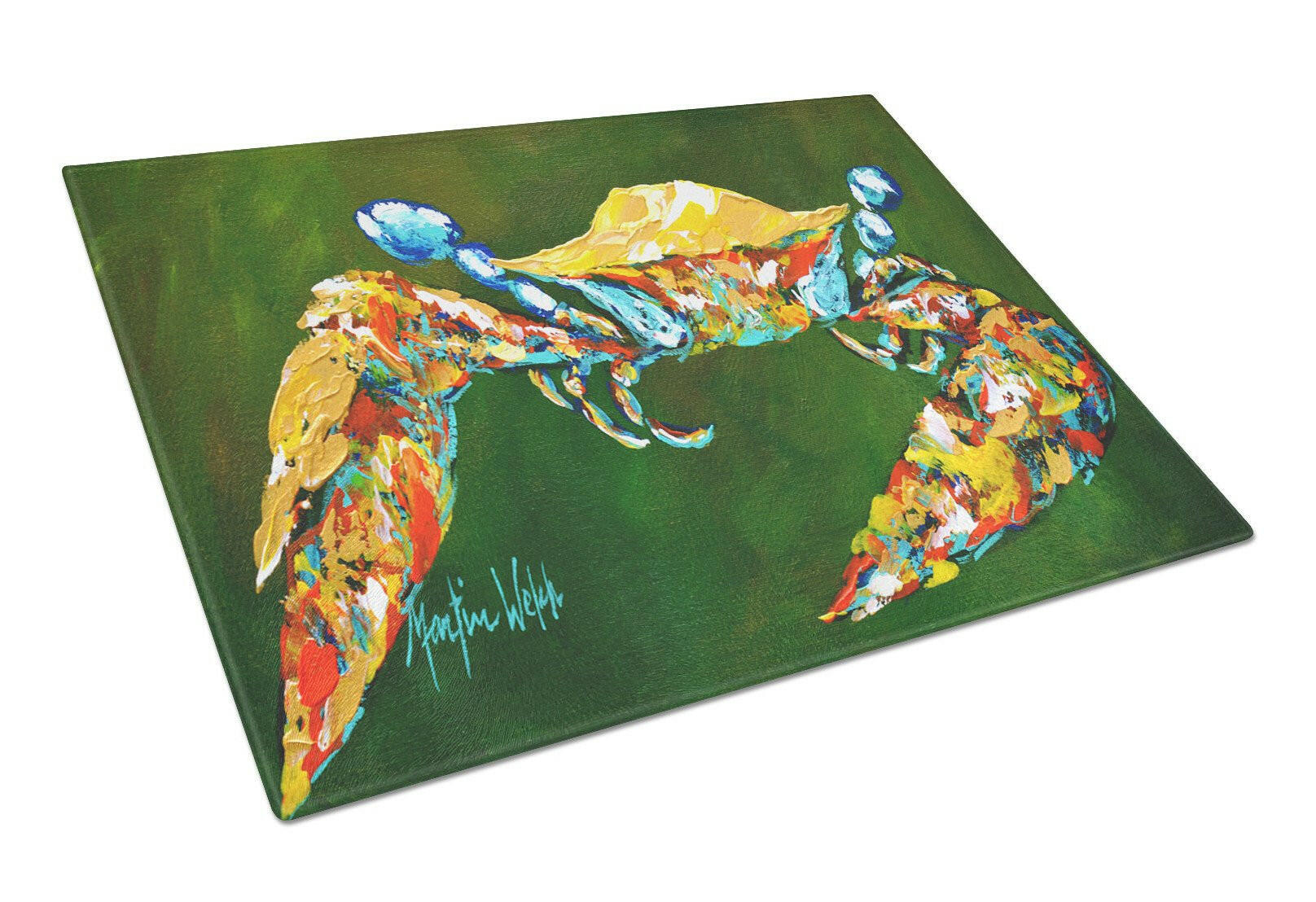 Go Green Crab Cutting Board Tempered Glass Kitchen Cutting Surface, Heat Resistant Chopping, Non-Slip Feet, Food Prep & Serving
