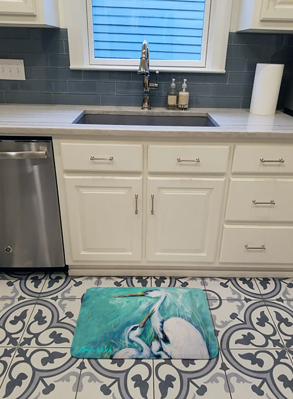 Mother's Love White Crane Memory Foam Kitchen Mat Machine Washable Anti-Fatigue Cushion Comfort Bath or Kitchen Rug