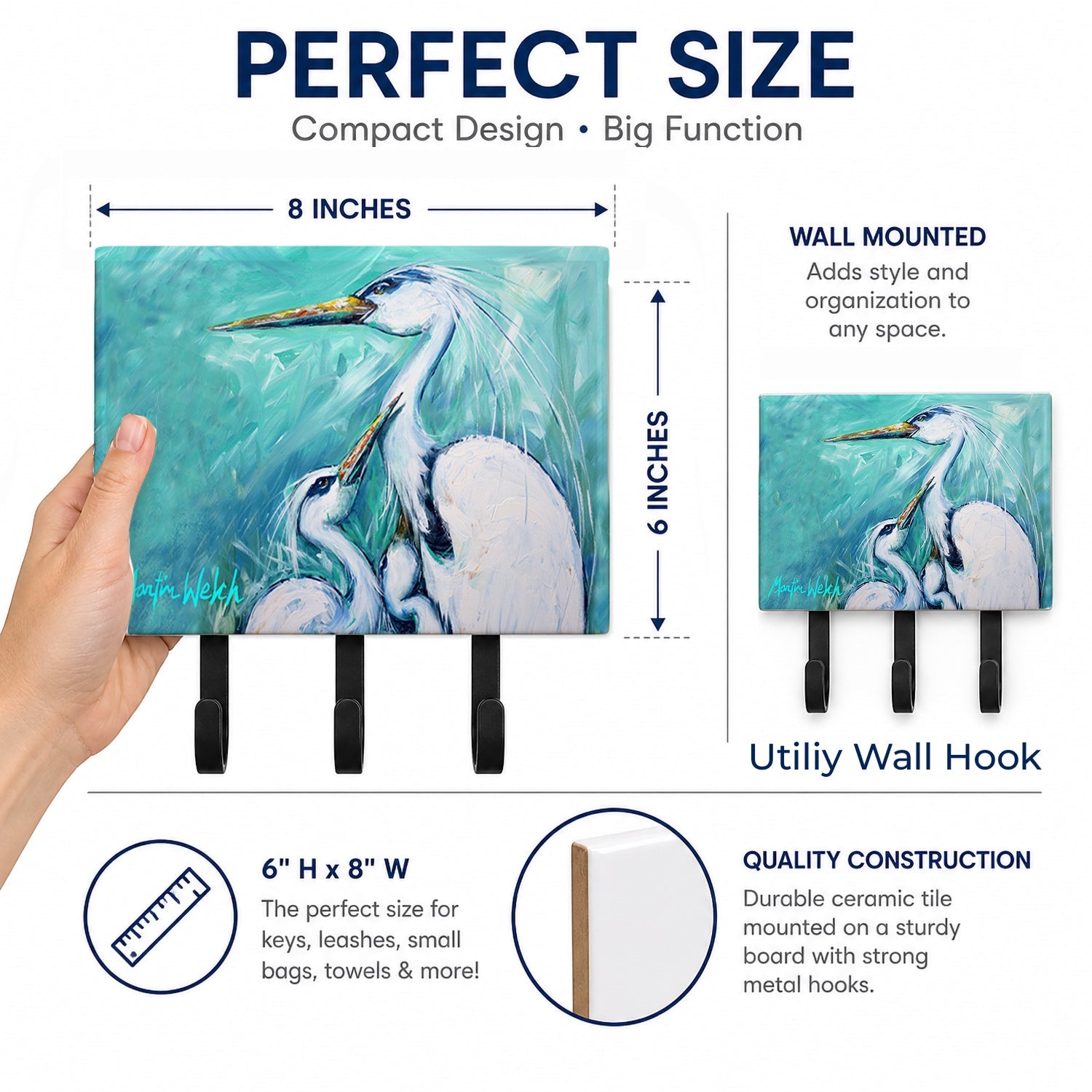 Mother's Love White Crane Leash or Key Holder Wall Hooks, Coat Rack Wall Mount, for Hanging Keys, Towels, Aprons, Leashes
