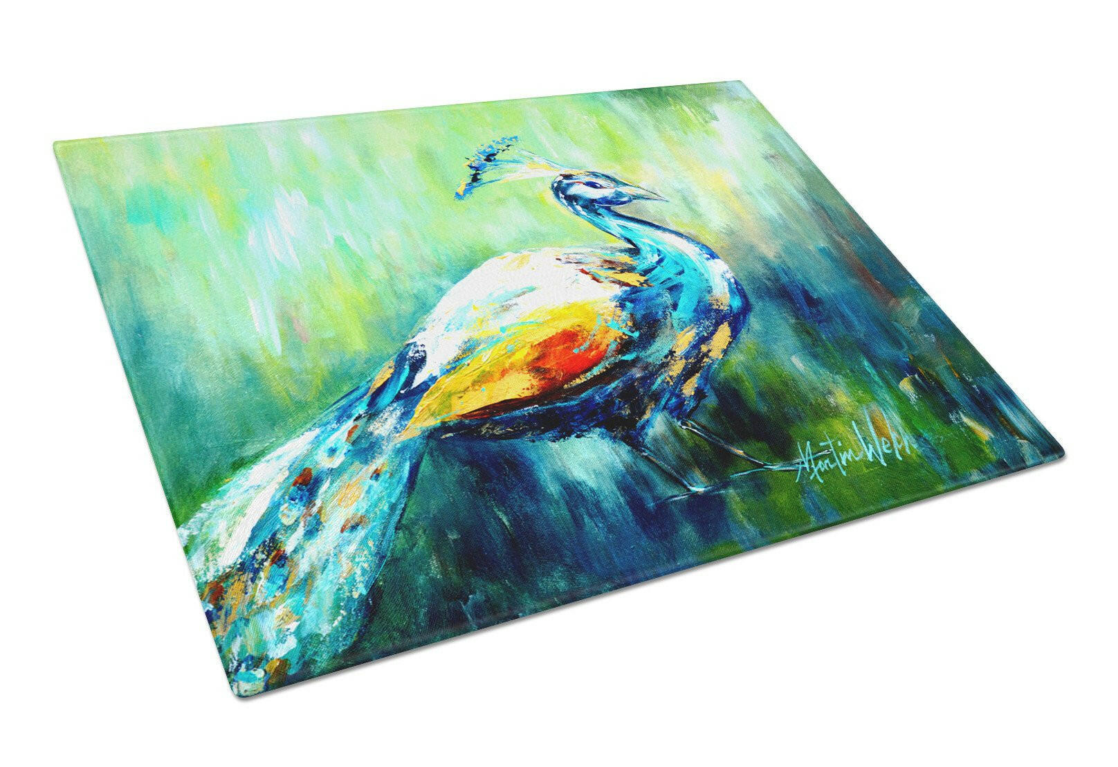 Proud Peacock Green Cutting Board Tempered Glass Kitchen Cutting Surface, Heat Resistant Chopping, Non-Slip Feet, Food Prep & Serving