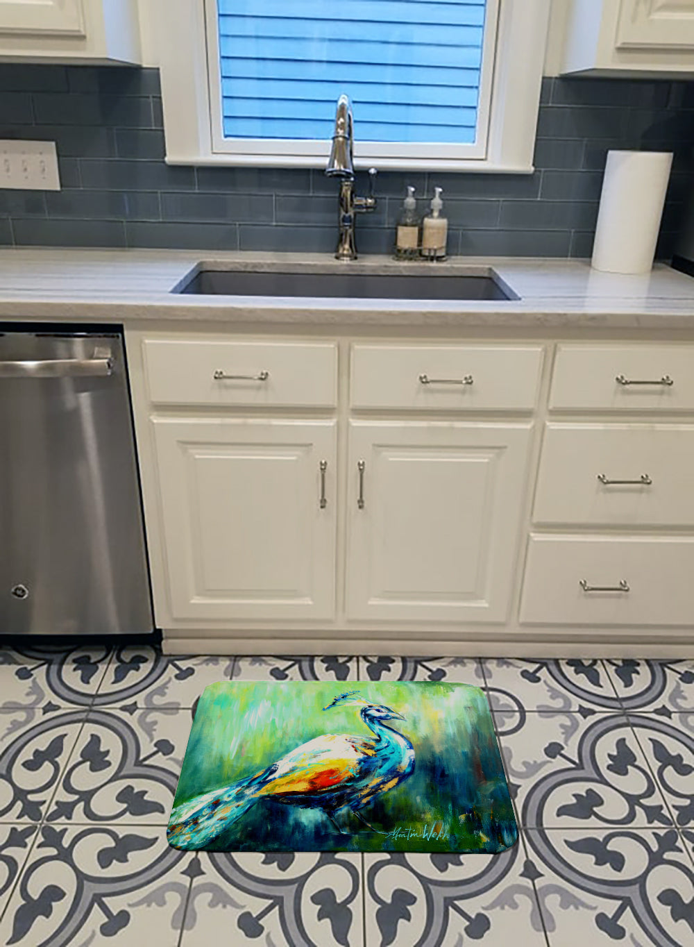 Proud Peacock Green Memory Foam Kitchen Mat Machine Washable Anti-Fatigue Cushion Comfort Bath or Kitchen Rug