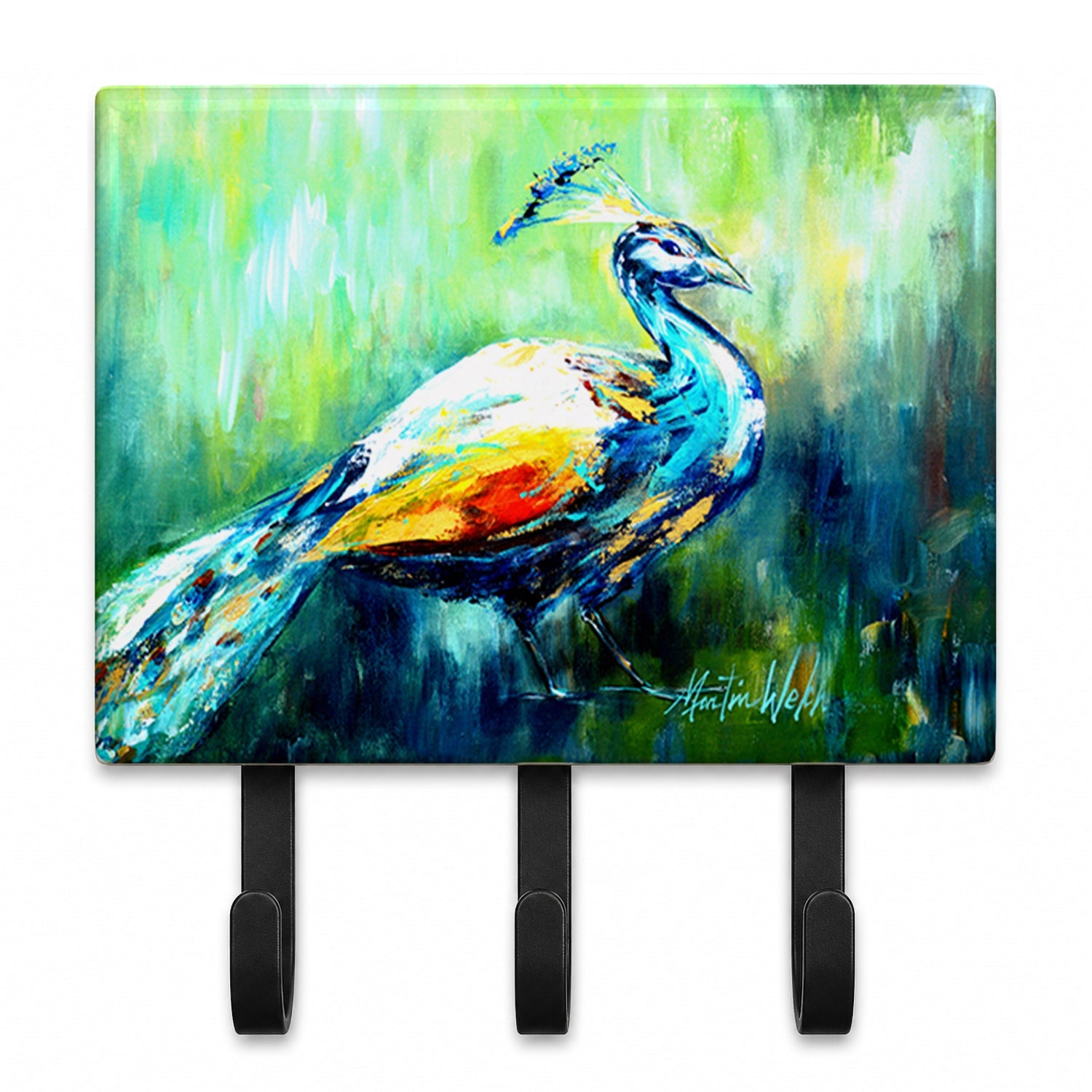 Proud Peacock Green Leash or Key Holder Wall Hooks, Coat Rack Wall Mount, for Hanging Keys, Towels, Aprons, Leashes