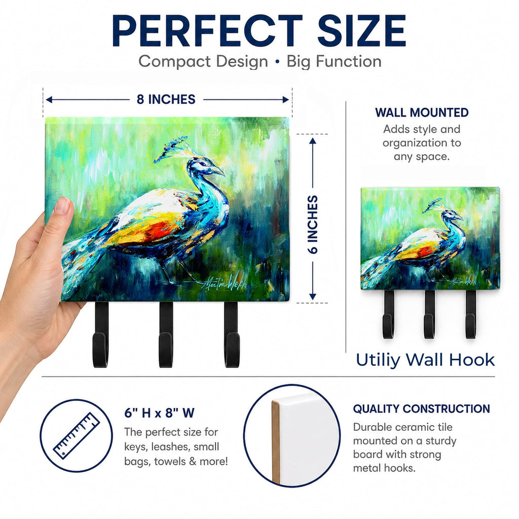 Proud Peacock Green Leash or Key Holder Wall Hooks, Coat Rack Wall Mount, for Hanging Keys, Towels, Aprons, Leashes