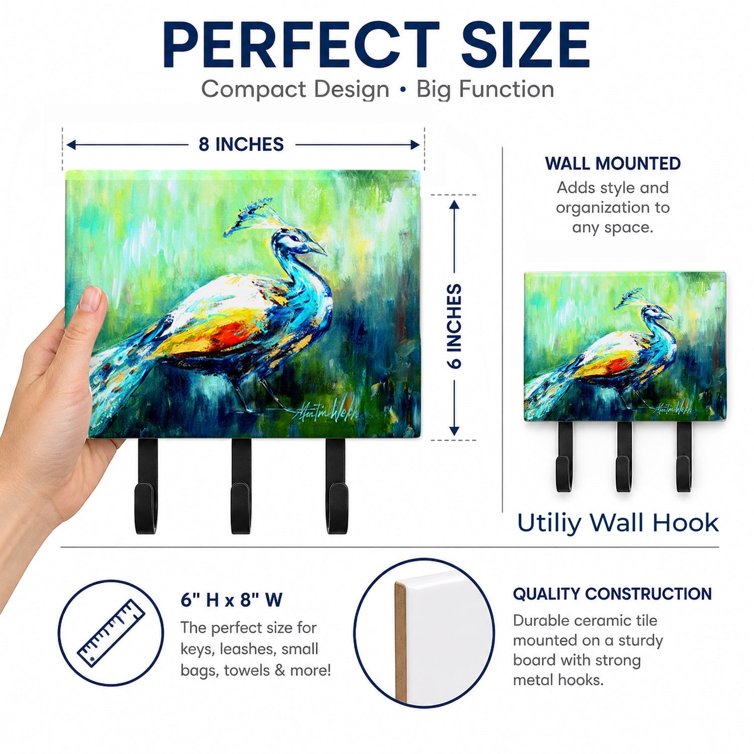 Proud Peacock Green Leash or Key Holder Wall Hooks, Coat Rack Wall Mount, for Hanging Keys, Towels, Aprons, Leashes